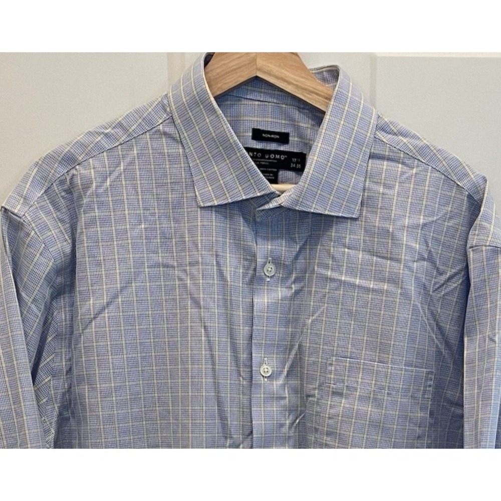 Pronto Uomo Yellow & Blue Grid Plaid Cotton Long Sleeve‎ Shirt 17.5 x 34/35